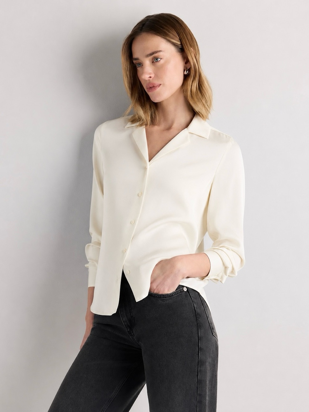 Quince | Washable Stretch Silk Notch Collar Blouse Ivory ~ New w/ tags Large
